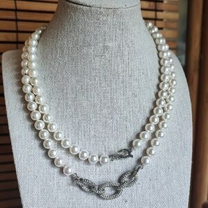 Vintage Glass Faux Pearl Dual Strand Necklace Rhinestone Encrusted Link Clasp